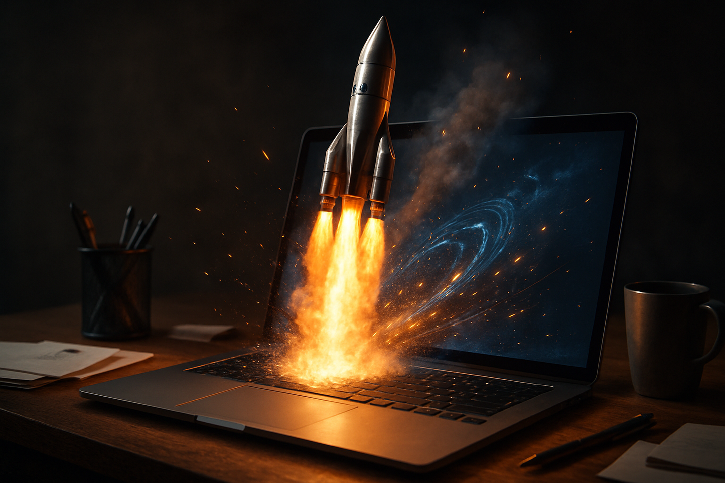 a rocket launching out of a laptop on a desk